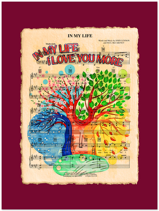 Colorful tree design on sheet music with 'In My Life' text on a red background