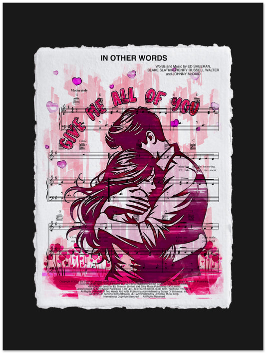 Music poster with a stylized illustration of a couple embracing, set against a sheet music background.