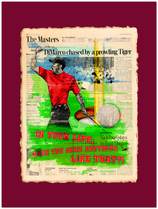 Artistic depiction of a golfer with text on a newspaper background