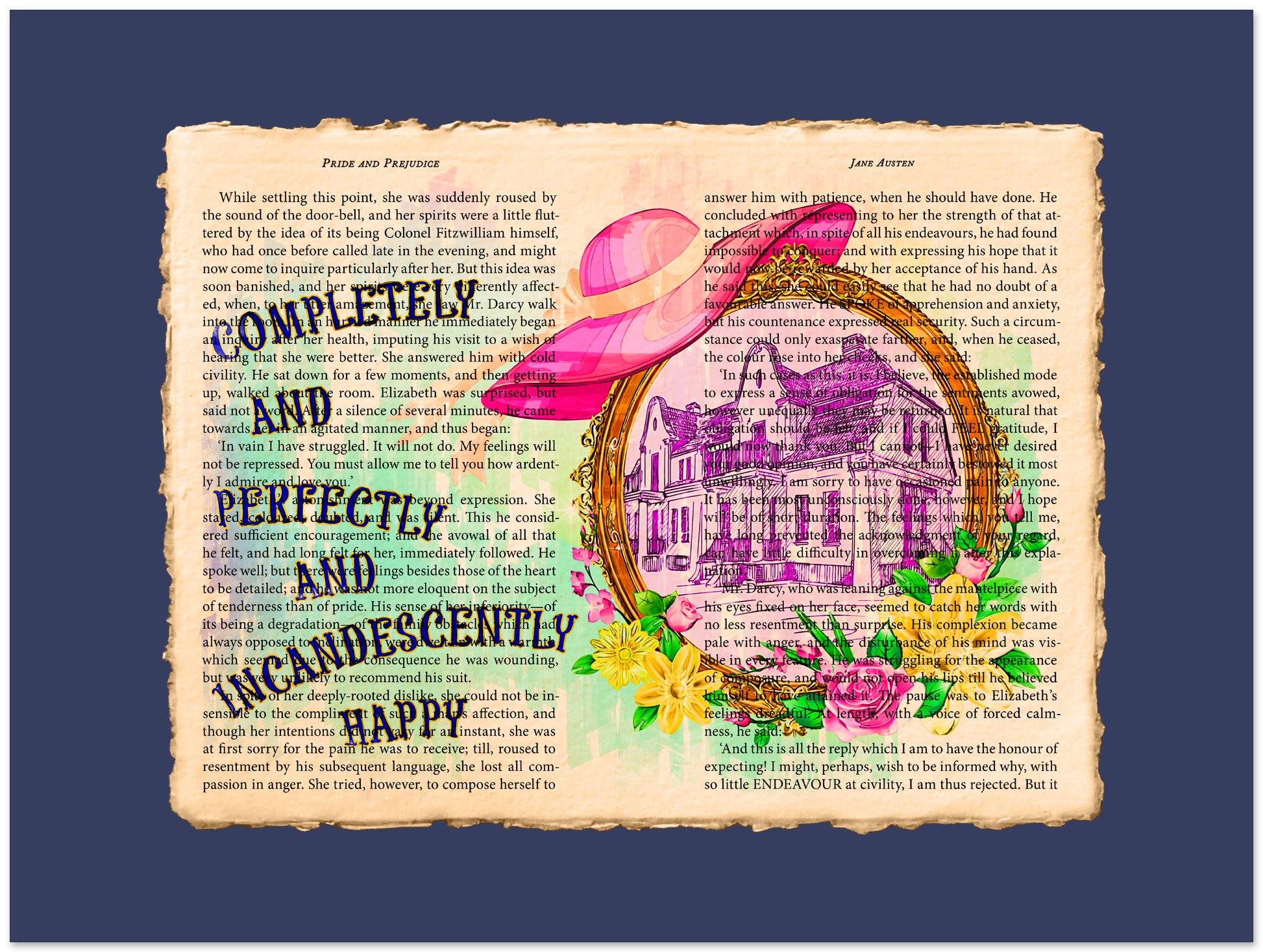 Decorative design with floral elements and text on a blue background