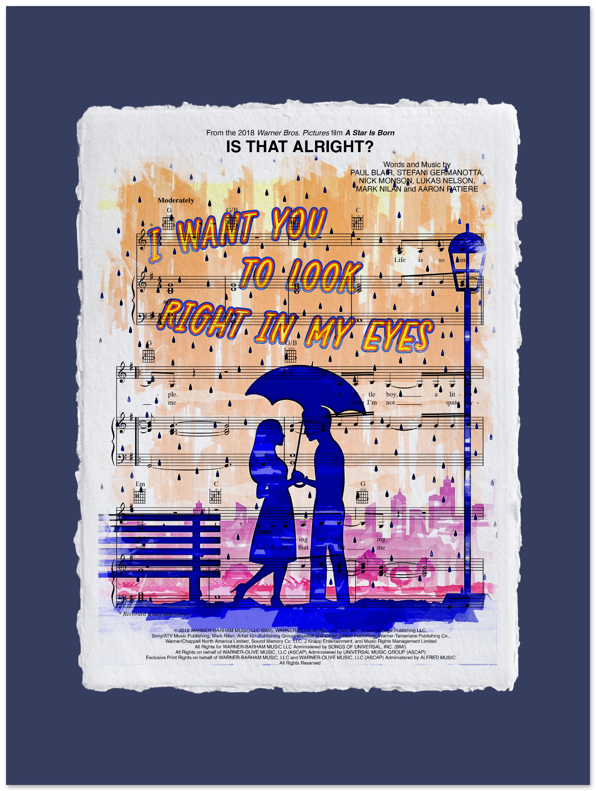 Artistic design with silhouette of a couple under an umbrella, sheet music, and text on a blue background