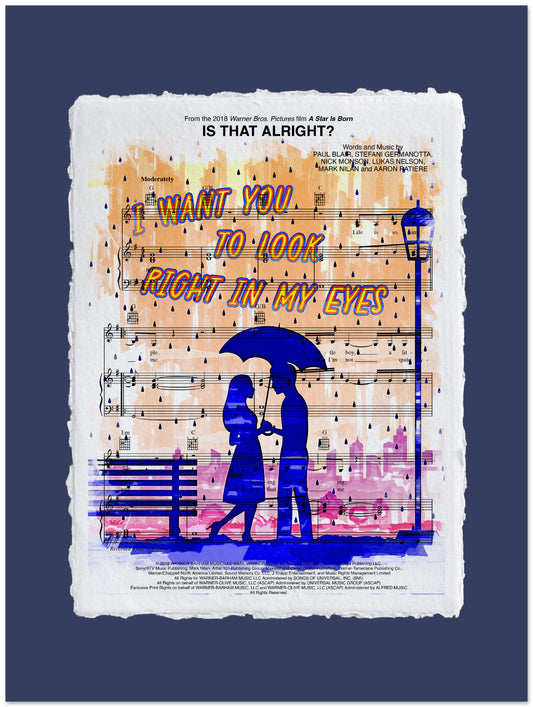 Artistic design with silhouette of a couple under an umbrella, sheet music, and text on a blue background