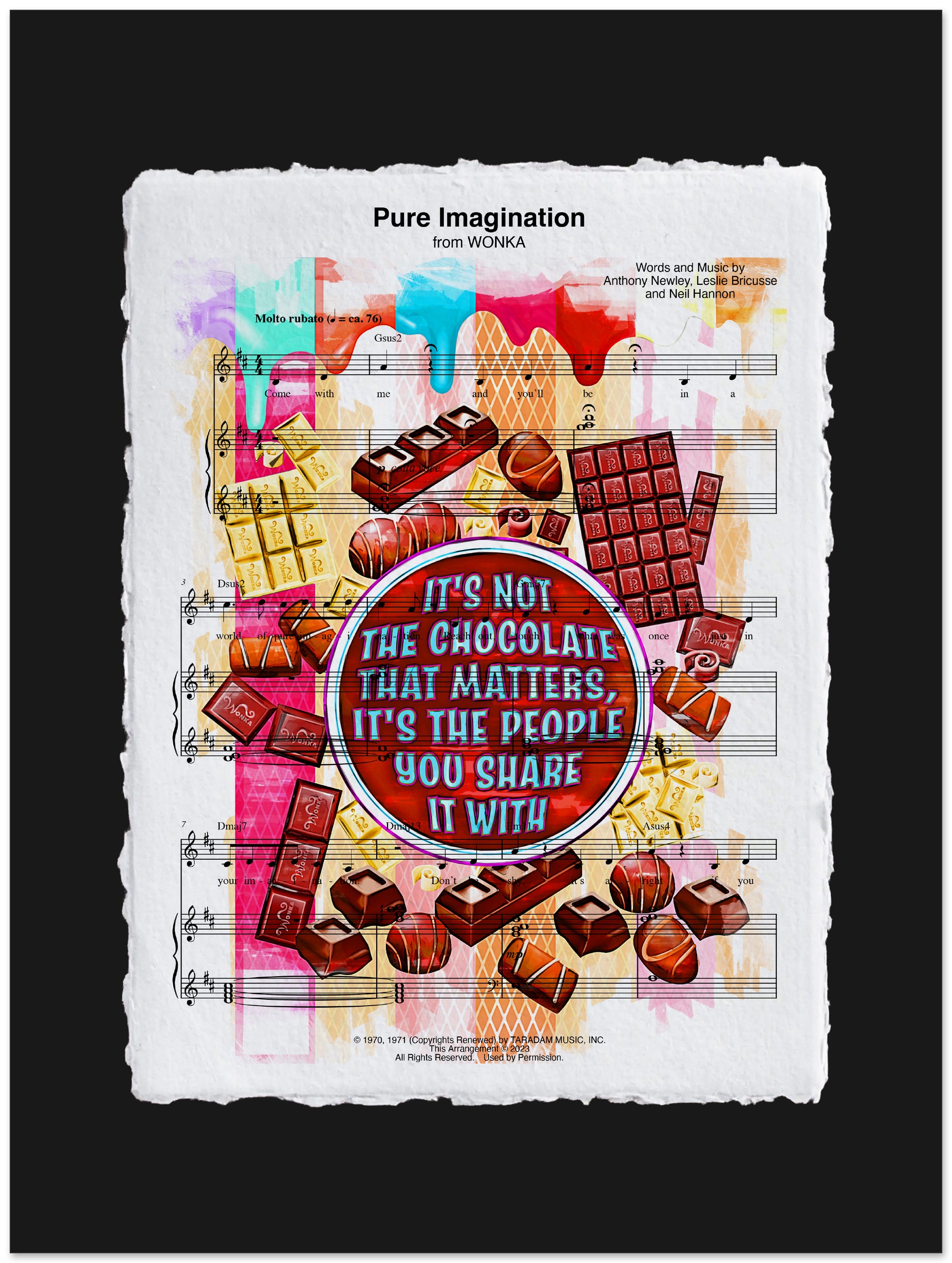 Colorful poster with chocolate bars and a quote about sharing on a sheet music background