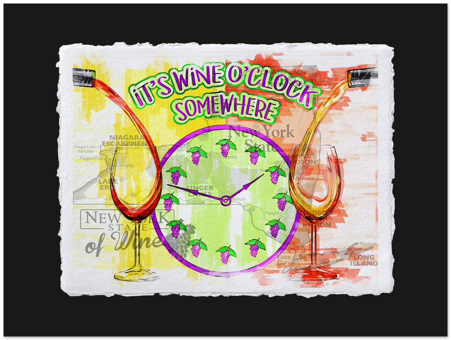 Decorative clock with wine-themed design and text 'It's Wine O'Clock Somewhere'.