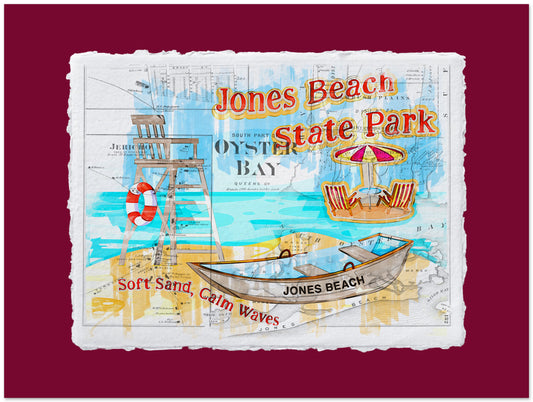 Jones Beach State Park sign with beach elements on a red background