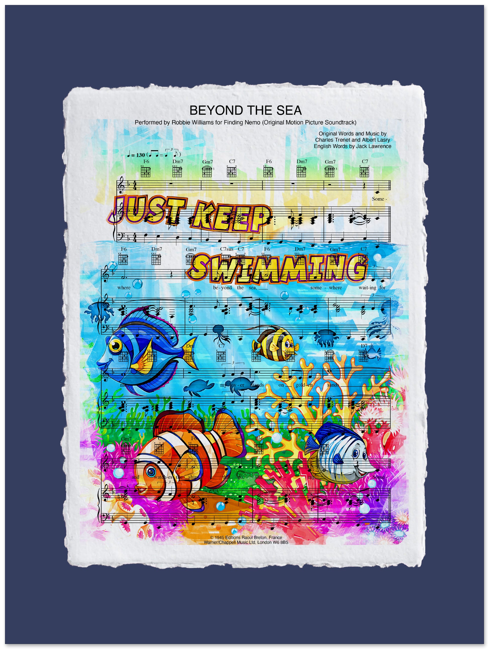 Colorful poster with 'Just Keep Swimming' text and cartoon fish on a blue background