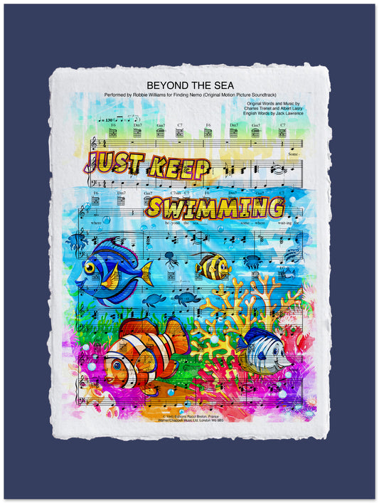 Colorful poster with 'Just Keep Swimming' text and cartoon fish on a blue background