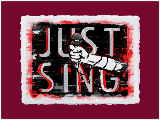 Artistic depiction of a hand holding a microphone with 'JUST SING' text on a red background