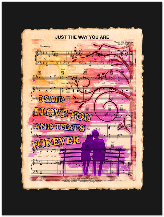 Sheet music with romantic text and a couple on a bench, on a black background