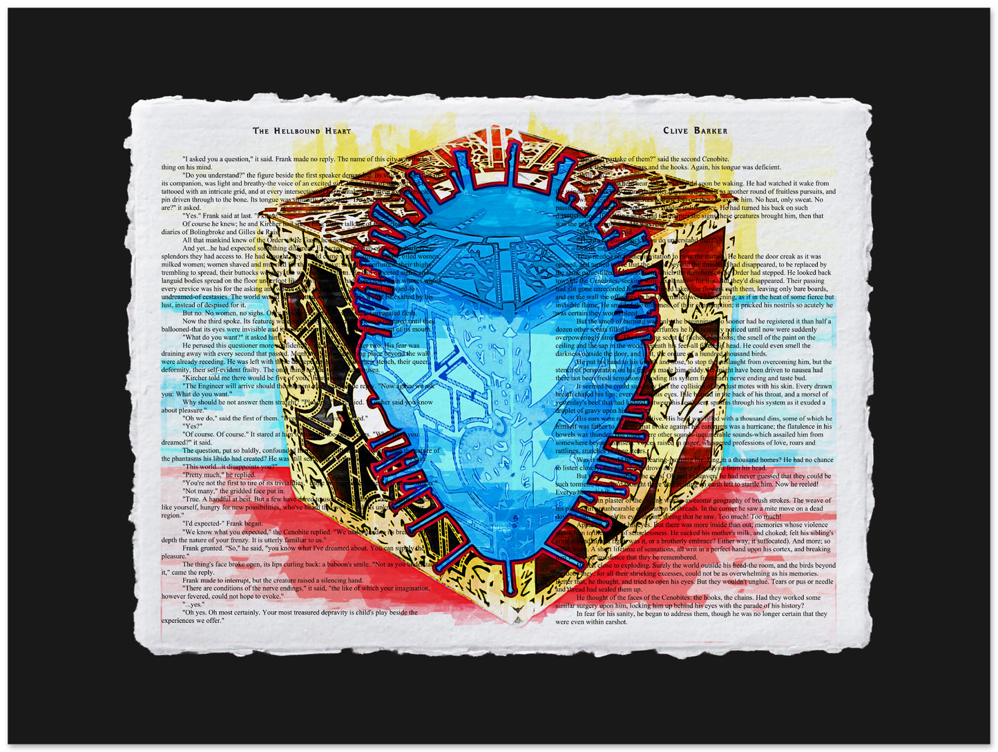 Artistic depiction of a blue heart with red and gold accents on a textured white background.