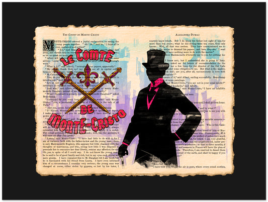 Silhouette of a man in a top hat on a book page with 'Le Comte de Monte-Cristo' text.