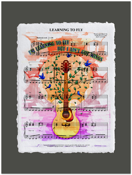 Sheet music with a guitar illustration and decorative elements on a dark background