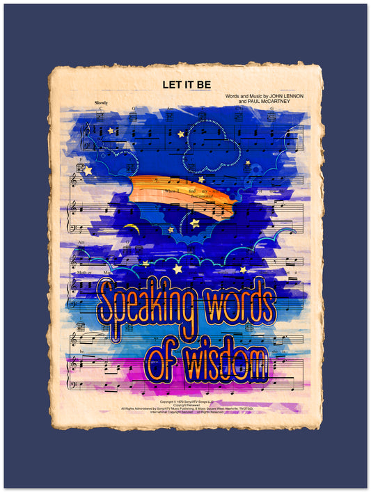 Sheet music cover with 'Let It Be' and 'Speaking words of wisdom' text on a blue background
