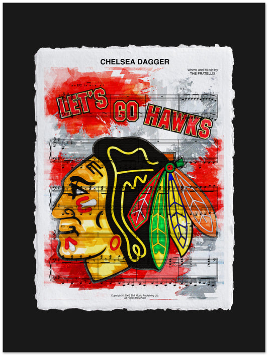 Music sheet cover with 'Let's Go Hawks' text and Chicago Blackhawks logo