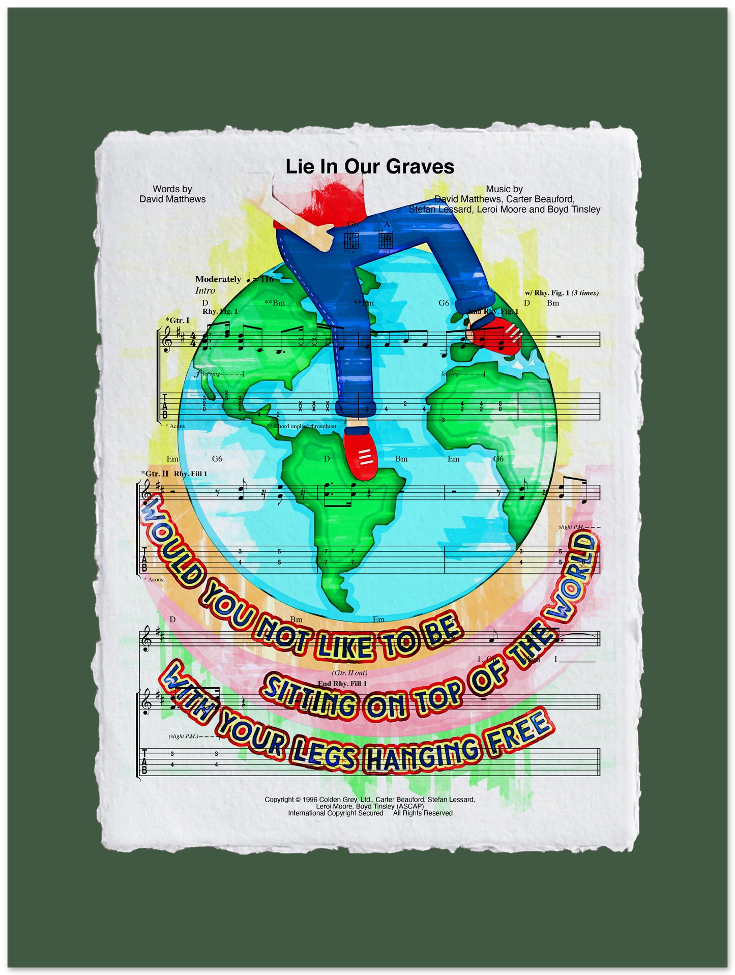 Colorful album cover with a person sitting on a globe, surrounded by sheet music.