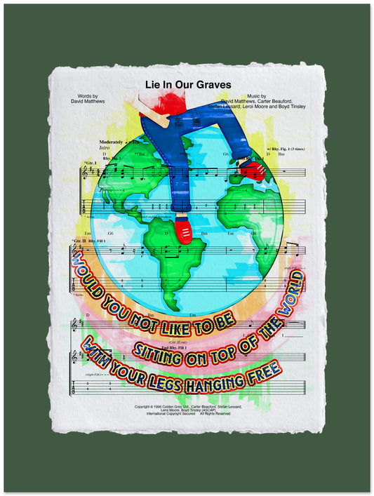 Colorful album cover with a person sitting on a globe, surrounded by sheet music.