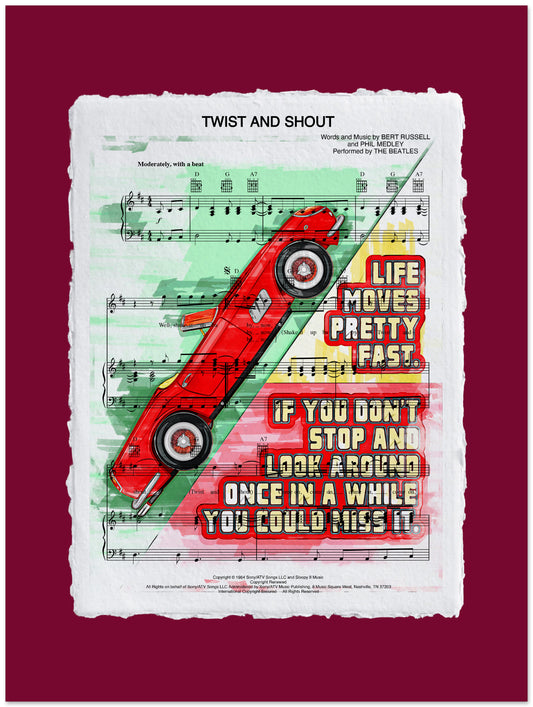 Sheet music with a red car graphic and text on a maroon background