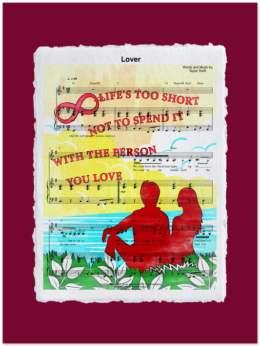 Sheet music with romantic text and a couple illustration on a red background