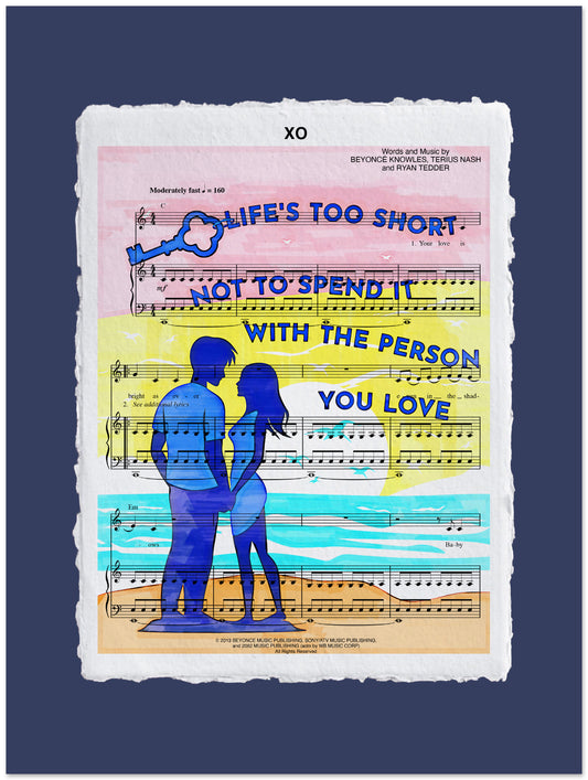 Artistic depiction of a couple embracing with musical notes and text on a blue background