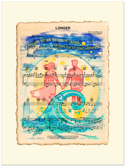 Artistic depiction of two people holding hands with a wave and musical notes on a sheet music background.