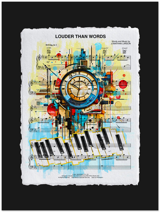 Colorful abstract design with musical elements and text on a white background