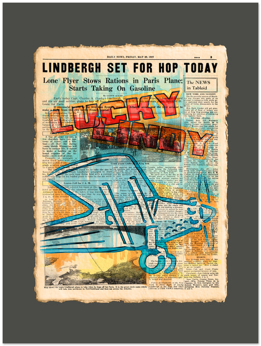 Vintage-style newspaper with a blue airplane illustration and 'Lucky Lindy' text on a dark background
