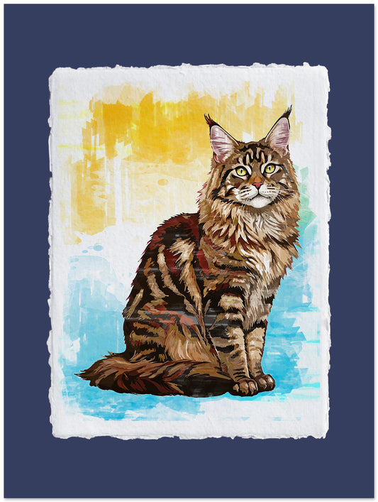 Illustration of a Maine Coon cat on a colorful abstract background