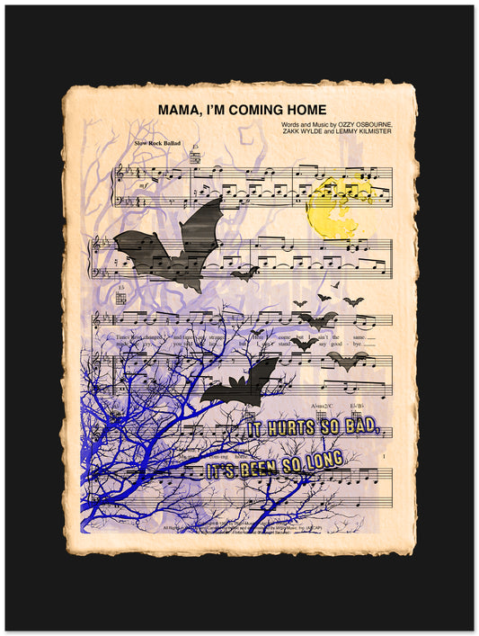 Sheet music with bats and moon design on a black background