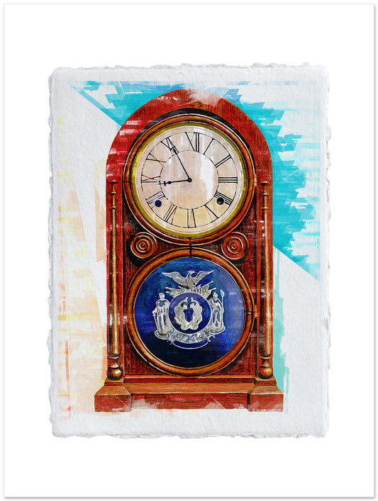 Decorative clock with a blue emblem on a textured white background