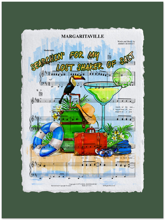 Sheet music cover for 'Margaritaville' with a tropical scene and cocktail elements.