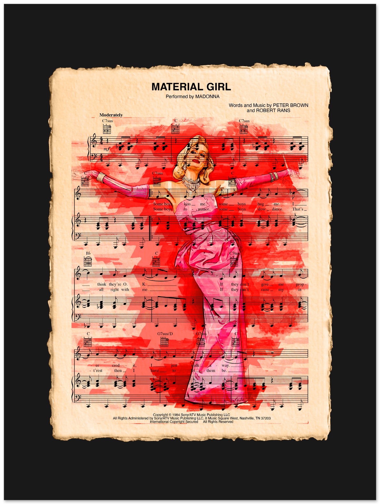 Artistic design of a woman in a pink dress on sheet music with 'Material Girl' text.