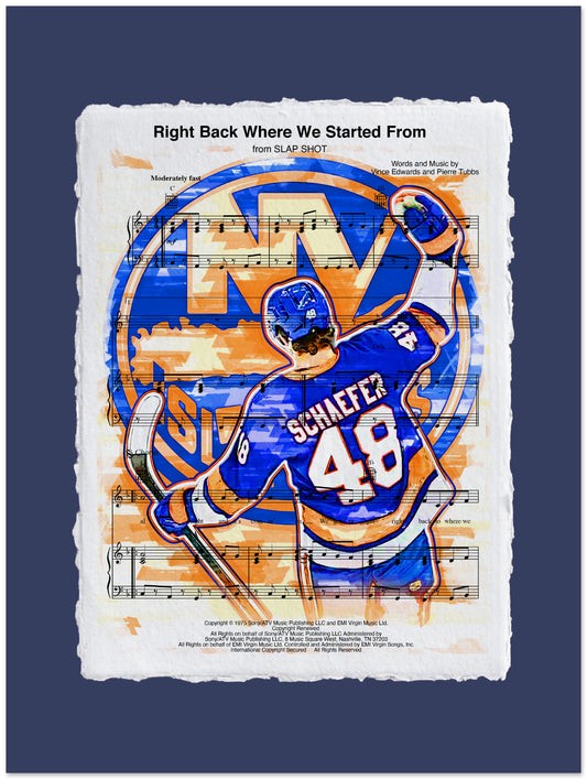 Music sheet with hockey player design and text on a blue background