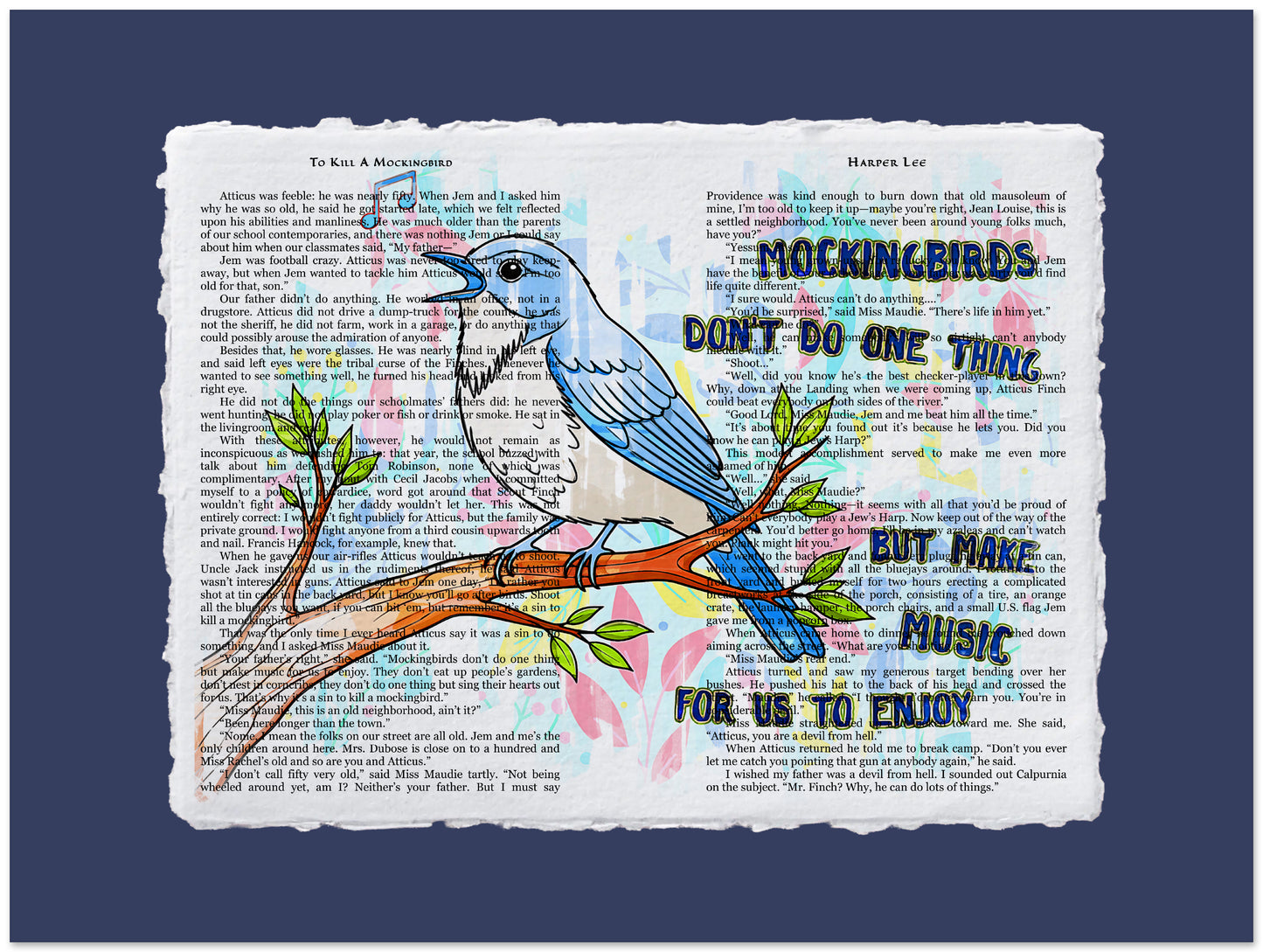 Blue and white bird illustration on a branch with text overlay on a blue background