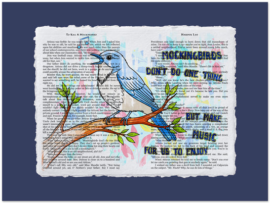 Blue and white bird illustration on a branch with text overlay on a blue background