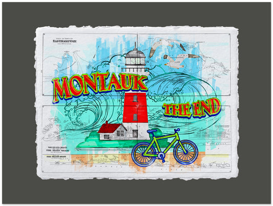 Colorful illustration of a lighthouse, bicycle, and text 'Montauk The End' on a gray background