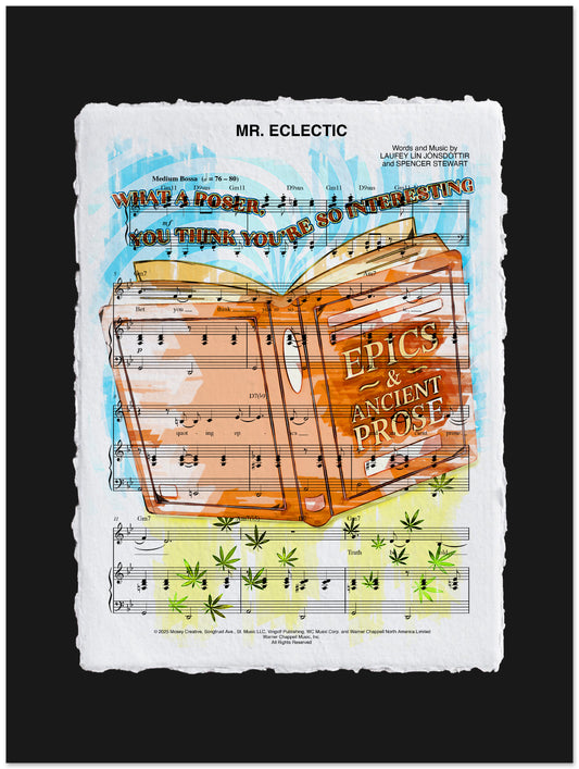 Sheet music design with an open book illustration and text on a black background