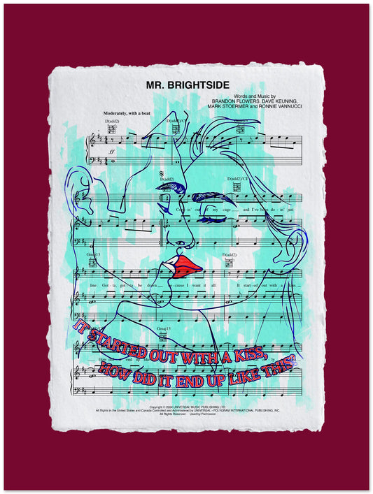 Artistic design with a face and musical notes on a maroon background
