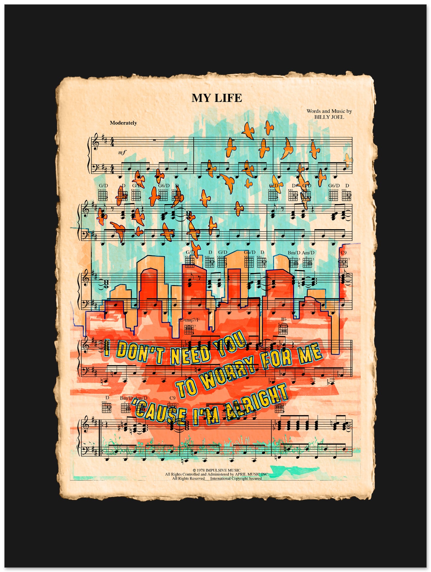 Sheet music with colorful cityscape and birds flying design on a black background