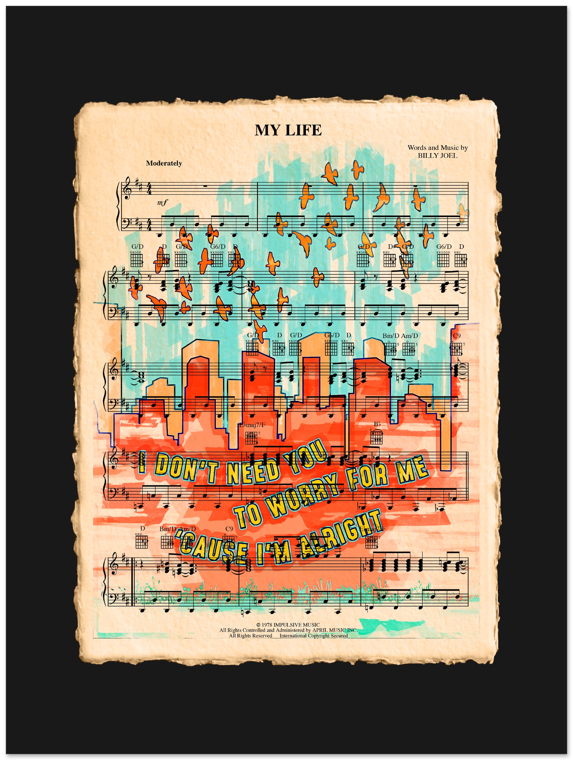 Sheet music with colorful cityscape and birds flying design on a black background