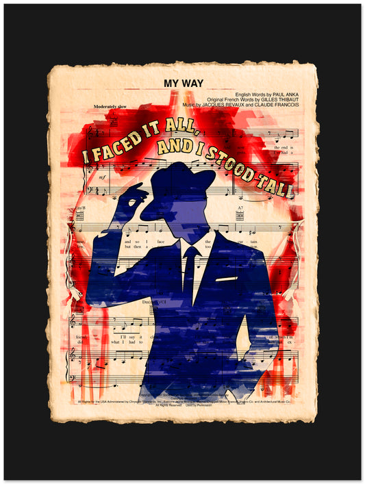 Artistic depiction of a man in a suit with a hat on sheet music background