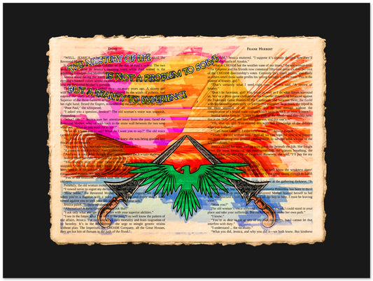 Colorful artwork with a green bird-like creature on a textured background