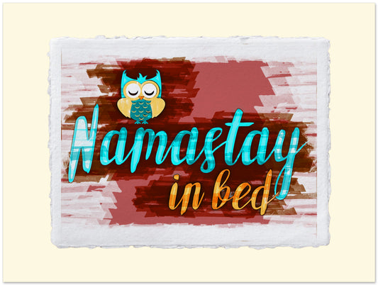 Card with owl illustration and 'Namastay in bed' text on a colorful background