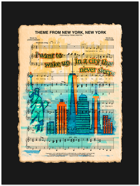 Sheet music with a cityscape illustration and text on a black background