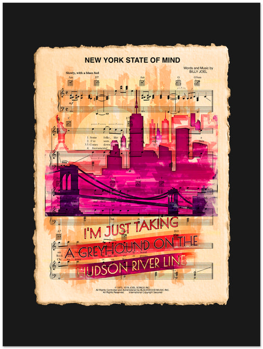 Sheet music with a cityscape and bridge design on a black background