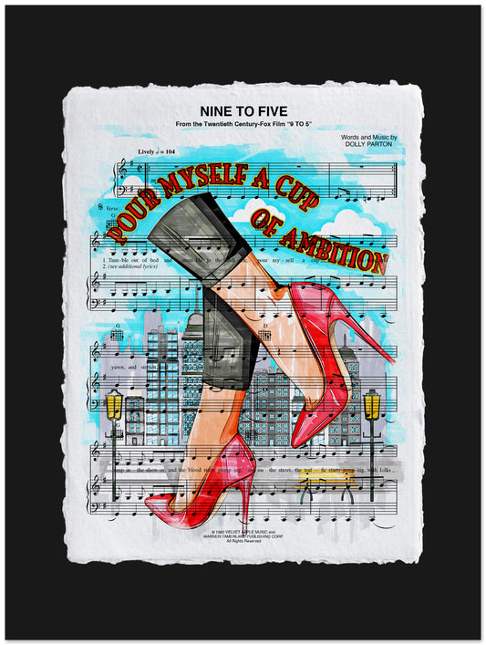 Sheet music with high heels and text 'Nine to Five' on a black background