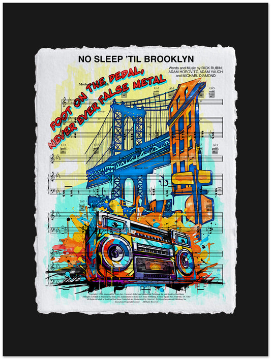 Colorful artwork with a boombox, bridge, and text on sheet music background