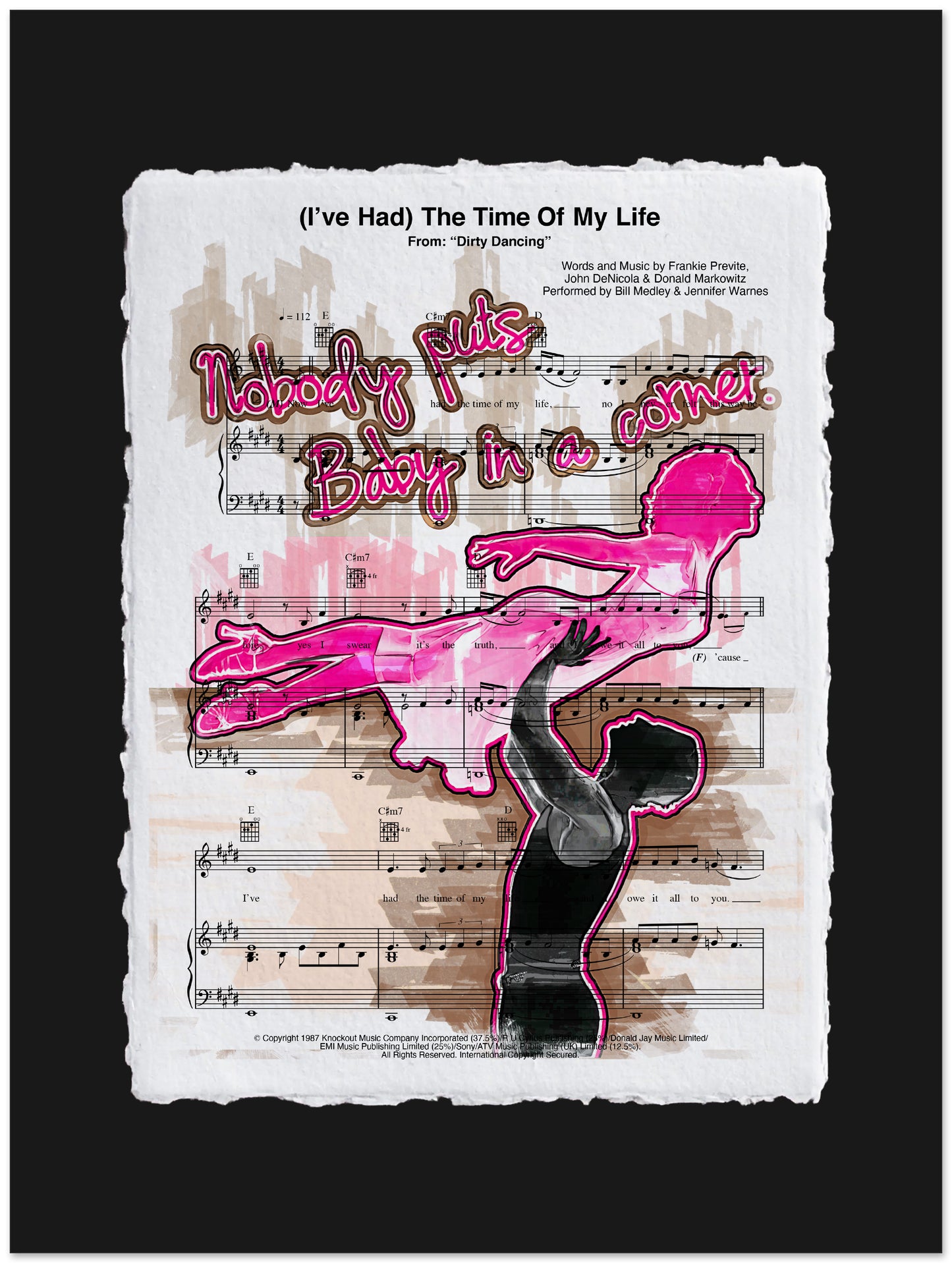 Artistic depiction of a silhouette dancing with pink accents on sheet music background