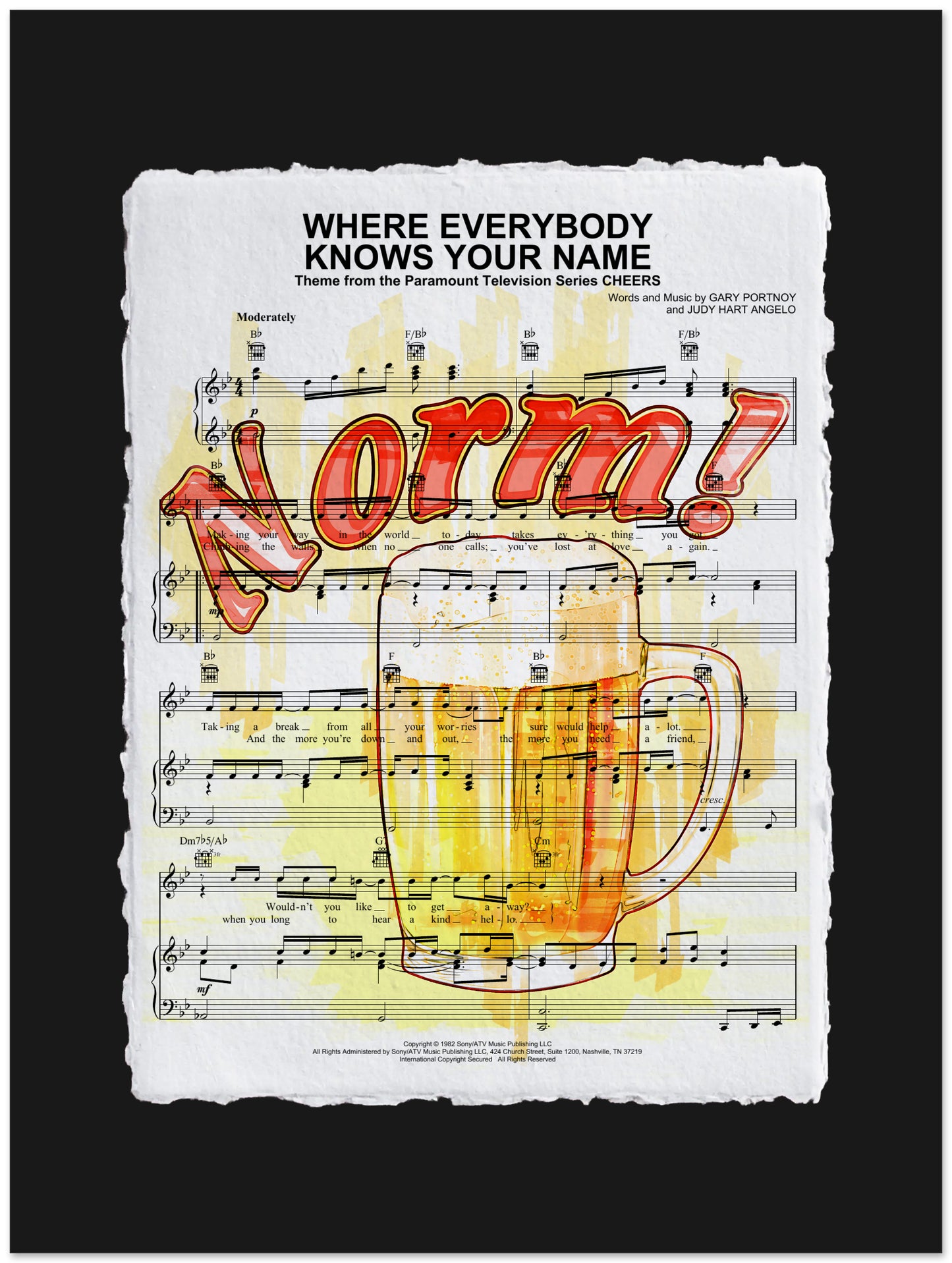 Sheet music with a mug and 'Norm!' text on a black background