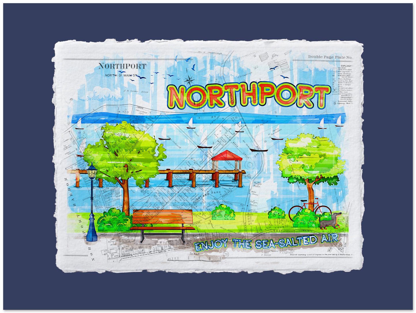 Map of Northport with a scenic illustration on a blue background