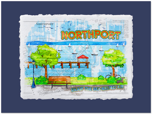 Map of Northport with a scenic illustration on a blue background